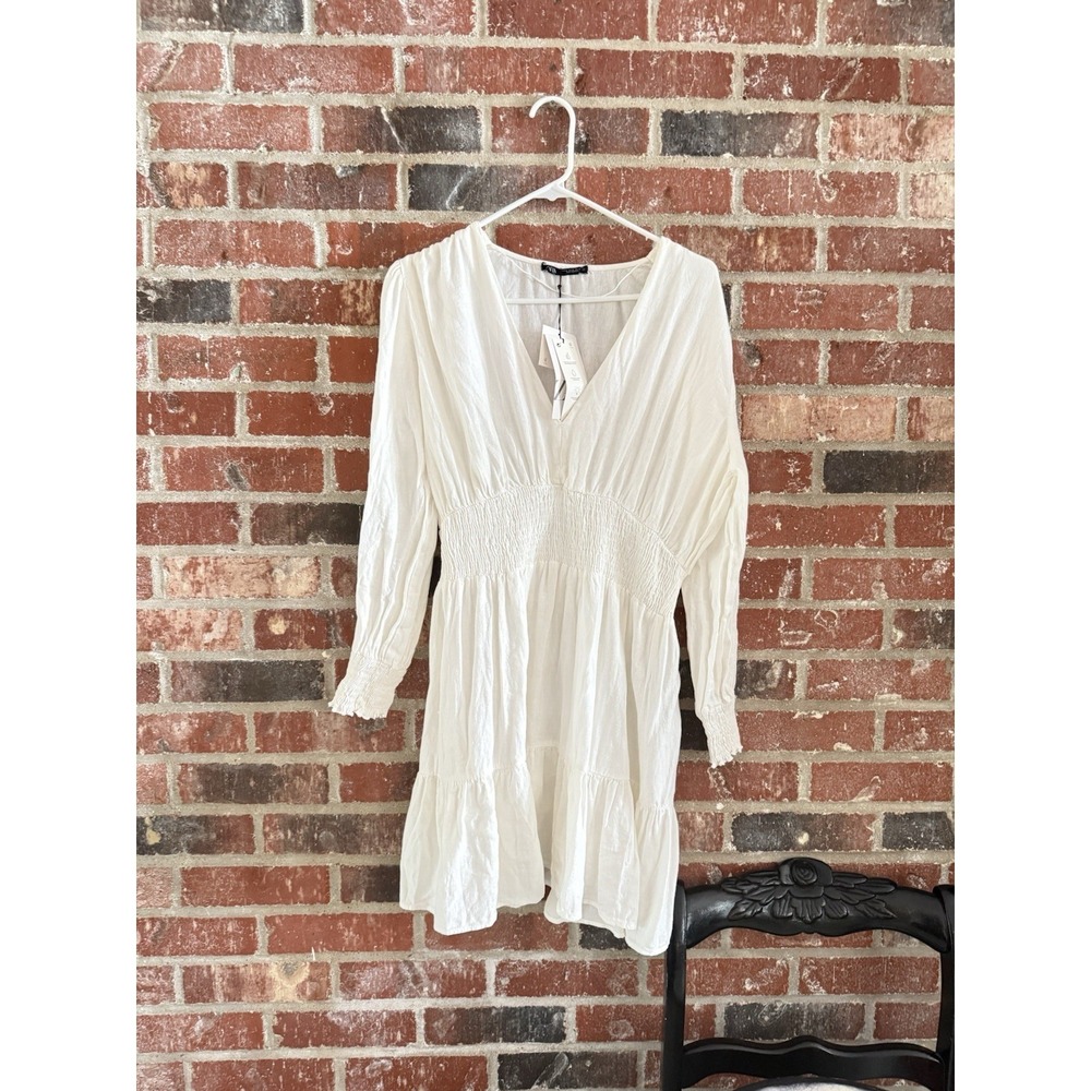 ZARA New Oyster White Bohemian Linen Blend Short‎ Dress Size XL